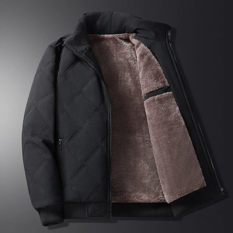 Men's Quilted Zip-Up Jacket with Stand Collar - Fleece Lined - Zip Pockets - Winter Style