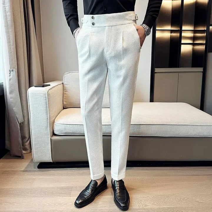 Men's Dress Pants - High Waist Slim Fit with Double Button Closure - Pleated Front