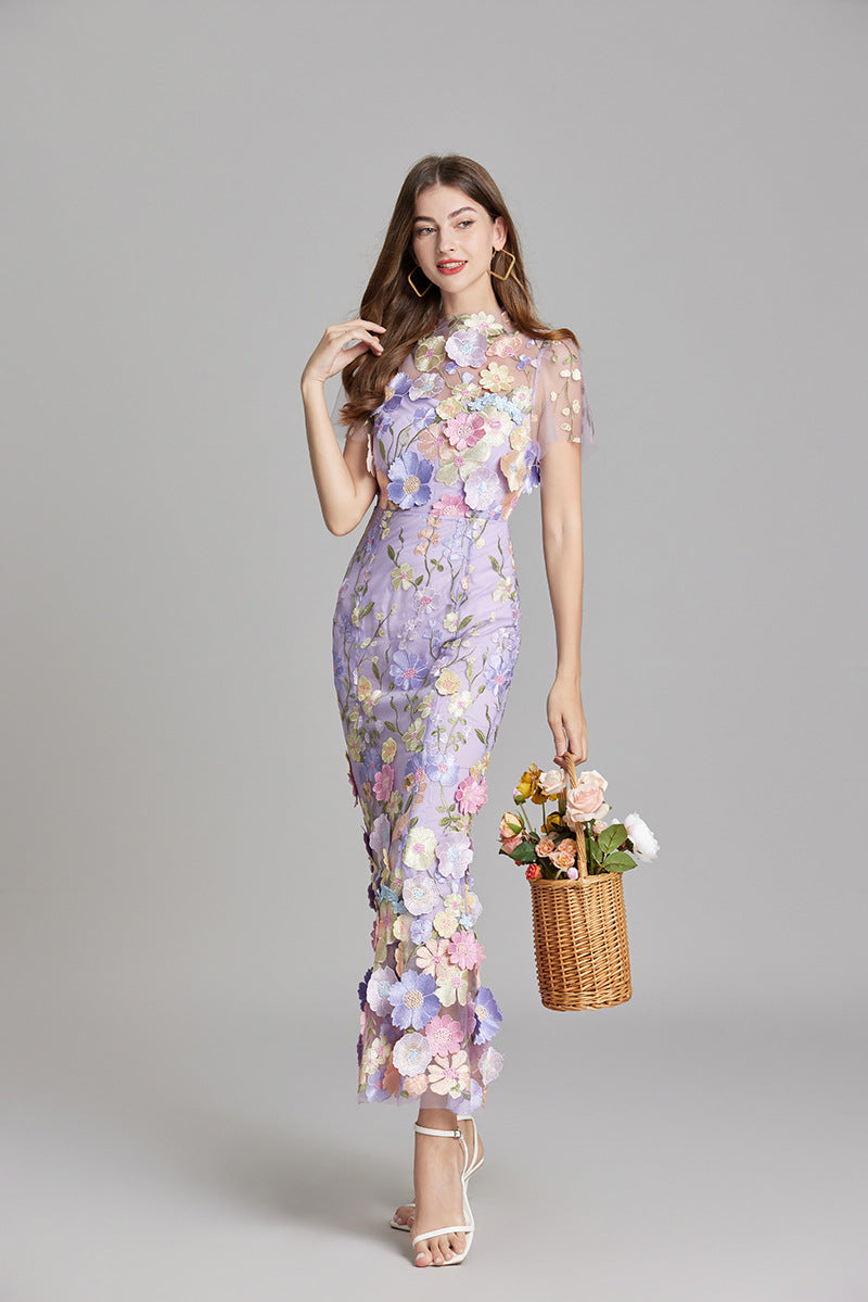 Women's Floral Midi Dress - 3D Applique High Neck Short Sleeve