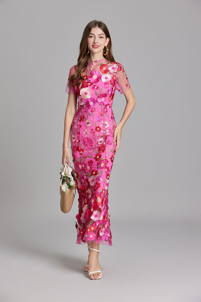Women's Floral Midi Dress - 3D Applique High Neck Short Sleeve