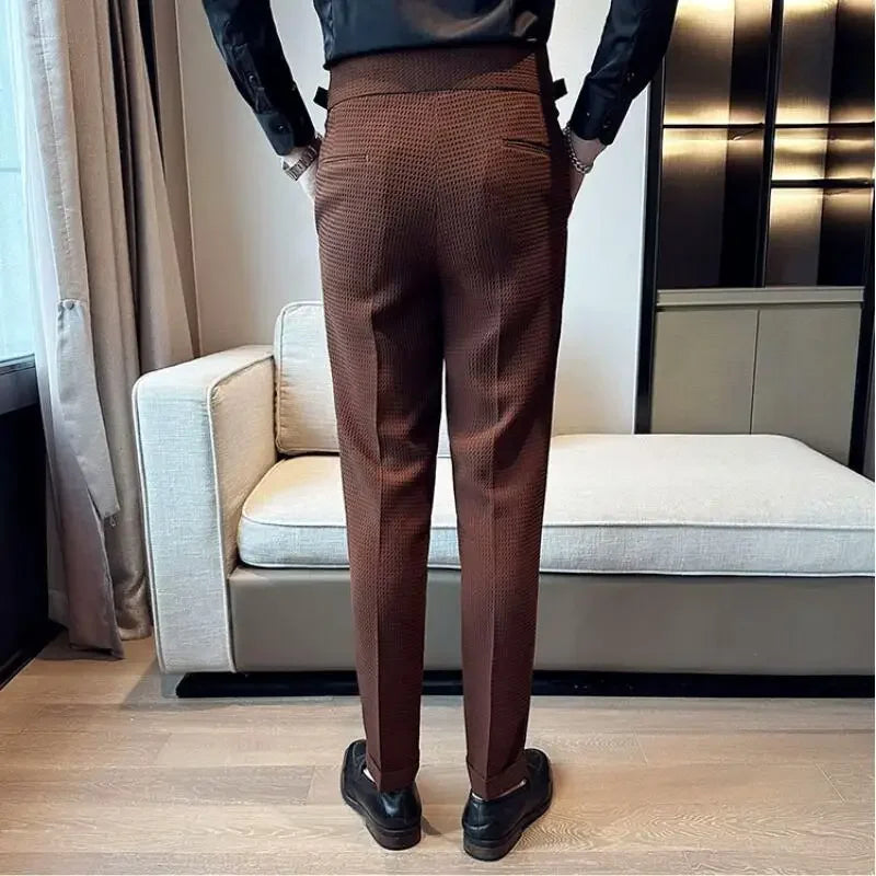 Men's Dress Pants - High Waist Slim Fit with Double Button Closure - Pleated Front