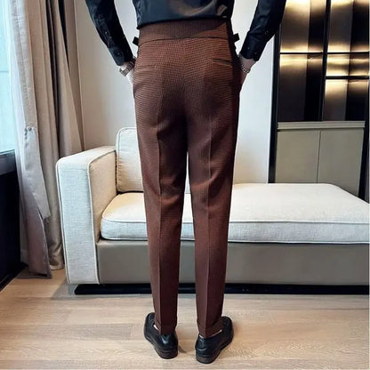 Men's Dress Pants - High Waist Slim Fit with Double Button Closure - Pleated Front