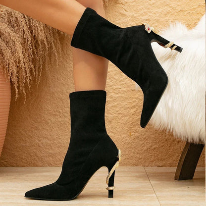 Women’s Pointed Toe Sock Boots – Sculpted Stiletto Heel with Gold Snake Detail