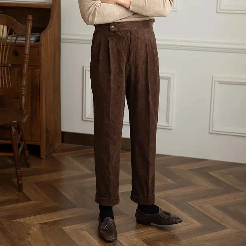 Men's Corduroy Pleated Pants - High Rise - Side Adjusters - Cuffed Hem