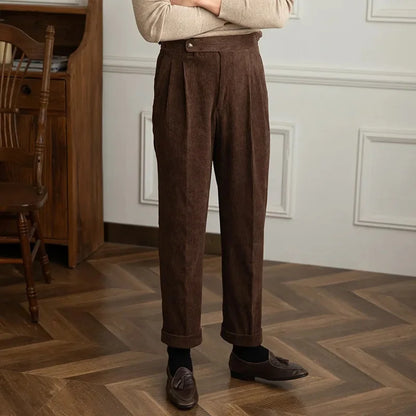 Men's Corduroy Pleated Pants - High Rise - Side Adjusters - Cuffed Hem