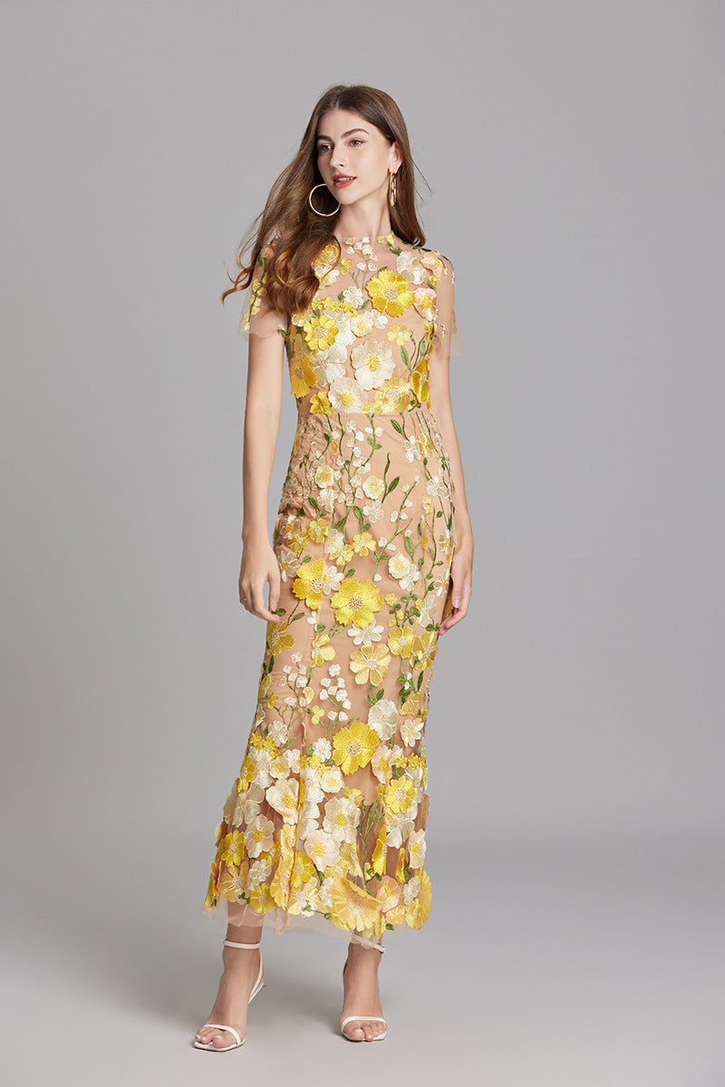 Women's Floral Midi Dress - 3D Applique High Neck Short Sleeve