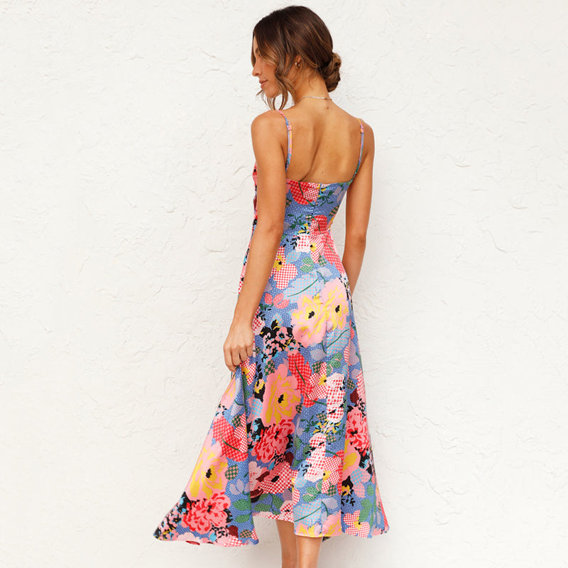 Women's Floral Tie-Front Cutout Spaghetti Strap Wedding Guest Maxi Dress