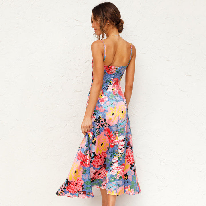 Women's Floral Tie-Front Cutout Spaghetti Strap Wedding Guest Maxi Dress