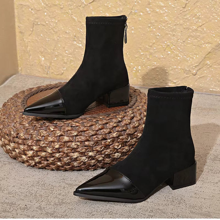 Women's Ankle Boots - Pointed Patent Toe Cap - Block Heel - Back Zip - Stretch Shaft