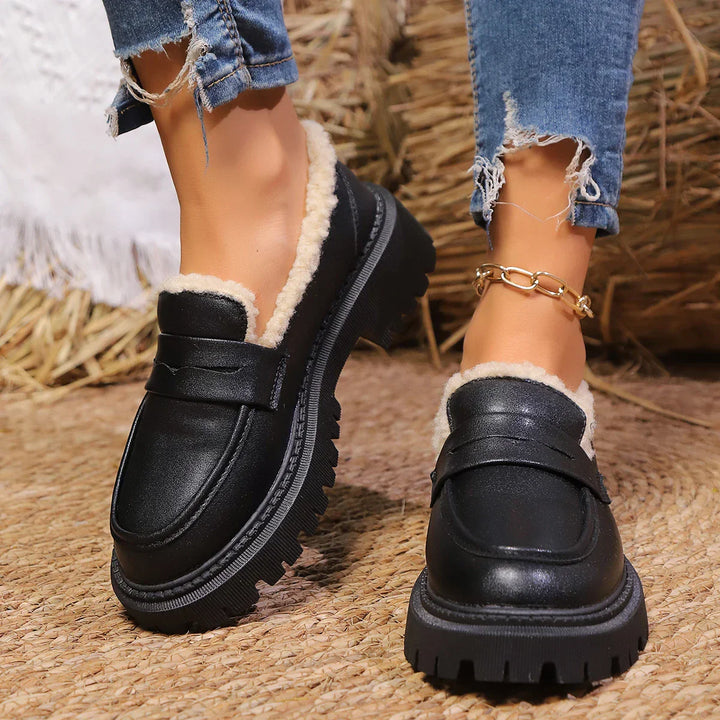 Women’s Platform Loafers – Chunky Sole Slip On Shoes with Chain Detail and Sherpa Lining