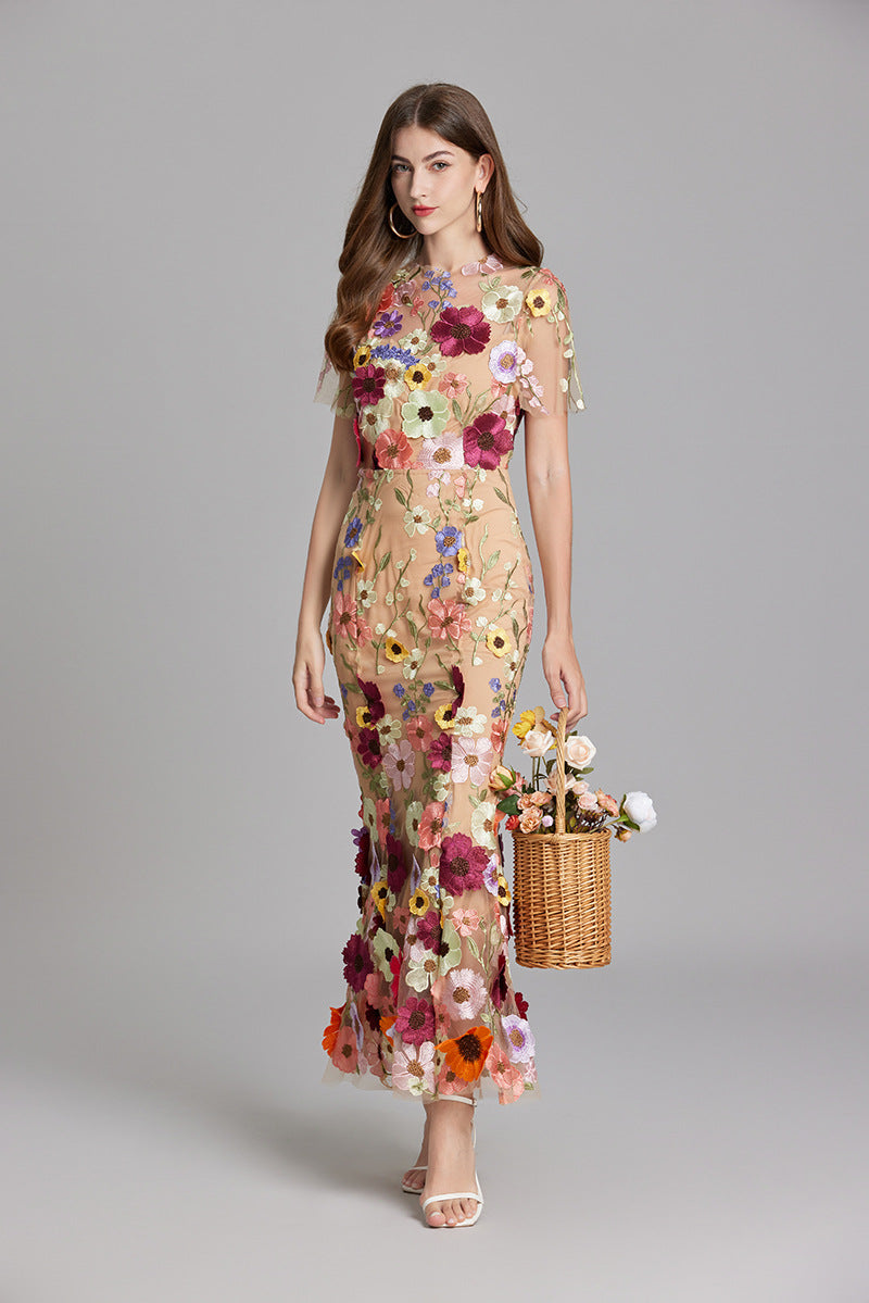 Women's Floral Midi Dress - 3D Applique High Neck Short Sleeve