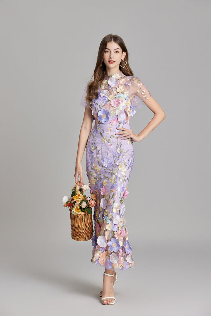 Women's Floral Midi Dress - 3D Applique High Neck Short Sleeve