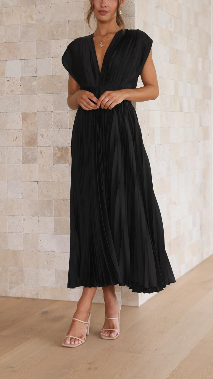 Women’s V-Neck Pleated Maxi Dress – Sleeveless Structured Waist Design