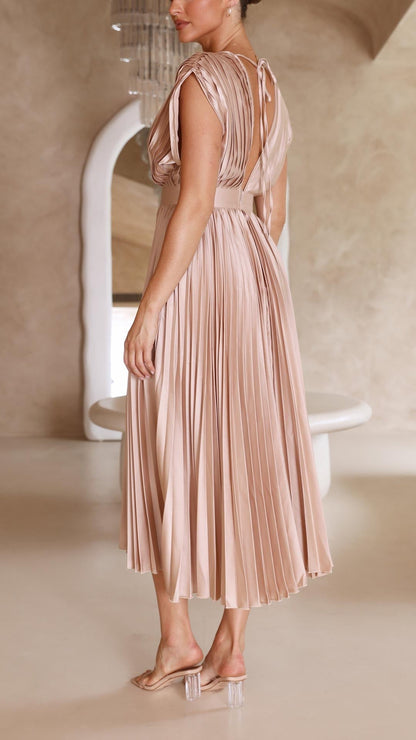 Women’s V-Neck Pleated Maxi Dress – Sleeveless Structured Waist Design