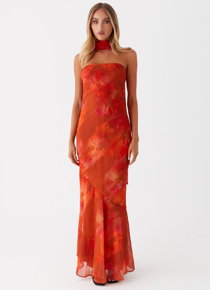 Women's Strapless Floral Print Maxi Dress - Detachable Neck Tie