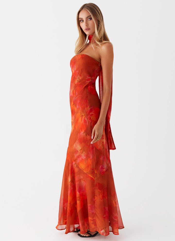 Women's Strapless Floral Print Maxi Dress - Detachable Neck Tie