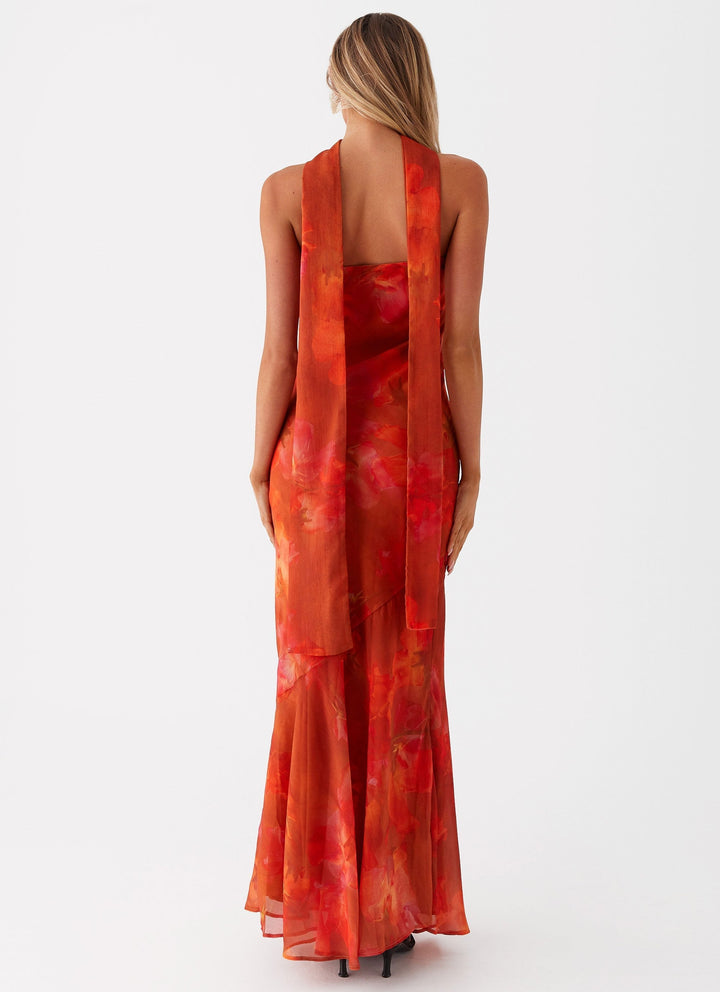 Women's Strapless Floral Print Maxi Dress - Detachable Neck Tie