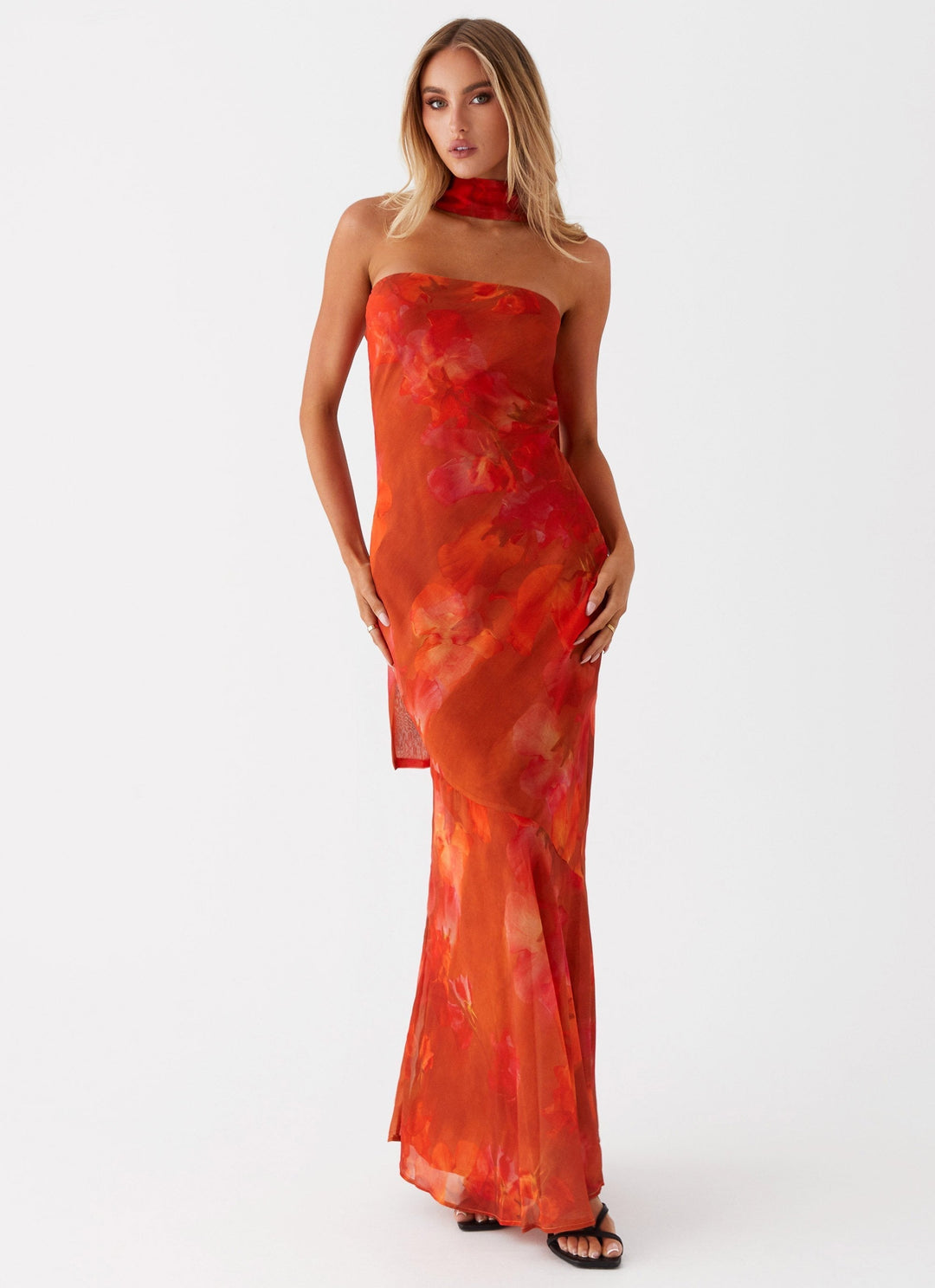 Women's Strapless Floral Print Maxi Dress - Detachable Neck Tie