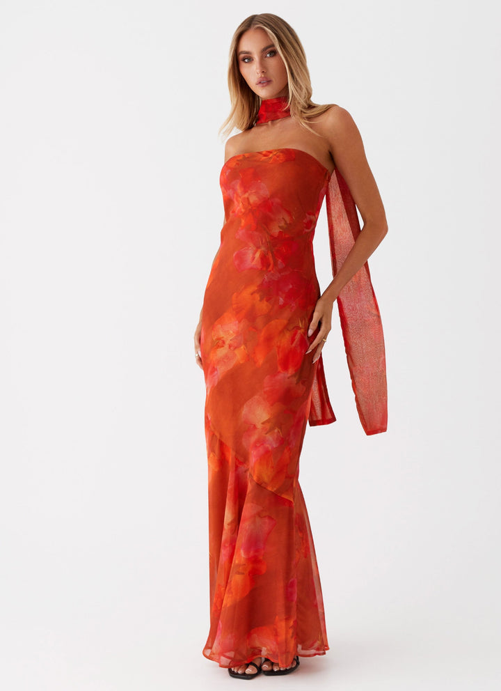 Women's Strapless Floral Print Maxi Dress - Detachable Neck Tie