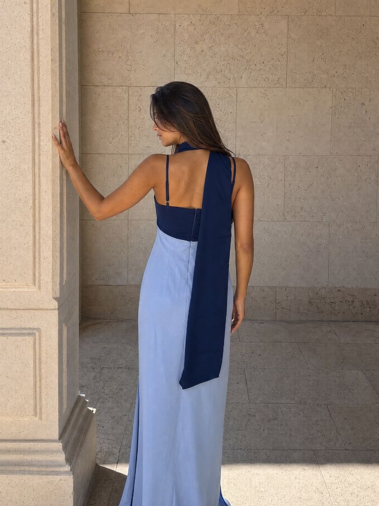 Long Draped Dress with Two-Tone Design