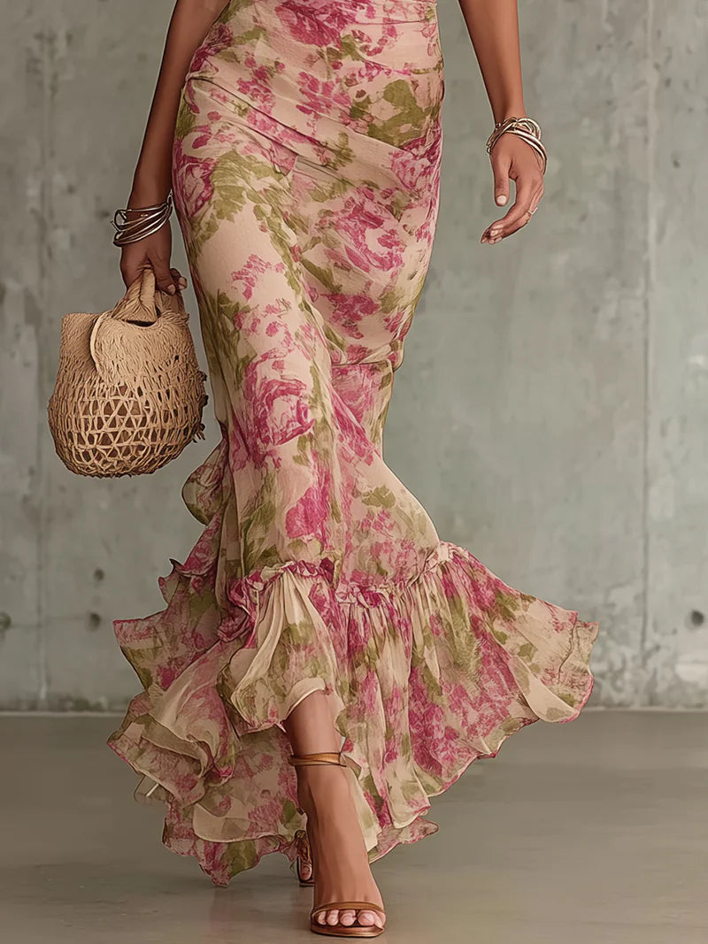 Retro Floral Maxi Dress with Puff Sleeves (Accessories Sold Separately)