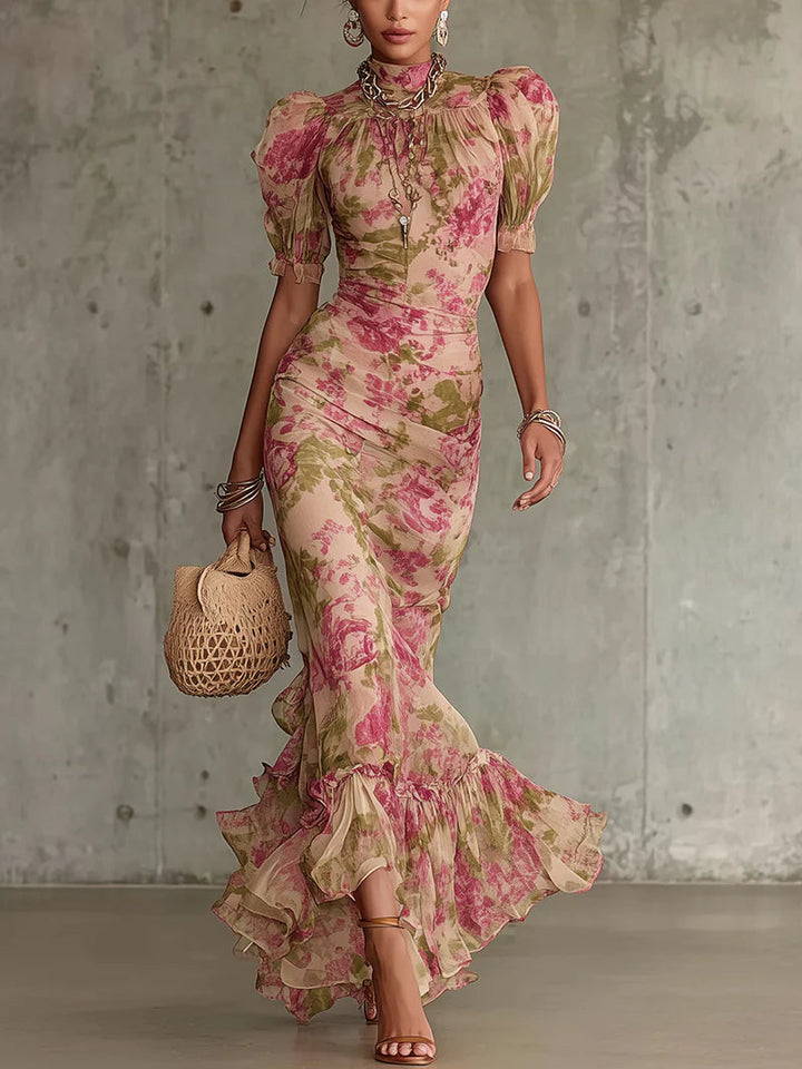 Retro Floral Maxi Dress with Puff Sleeves (Accessories Sold Separately)