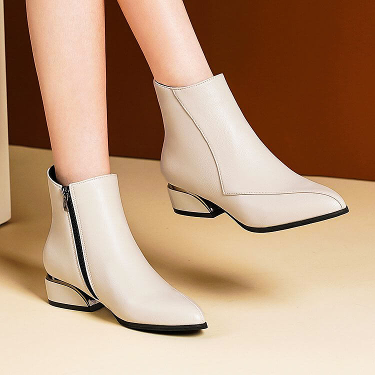 Women's Ankle Boots - Pointed Toe Side Zip Boot with Metal Block Heel