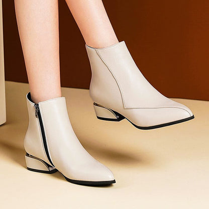Women's Ankle Boots - Pointed Toe Side Zip Boot with Metal Block Heel