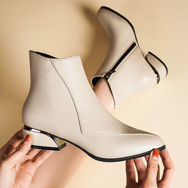 Women's Ankle Boots - Pointed Toe Side Zip Boot with Metal Block Heel