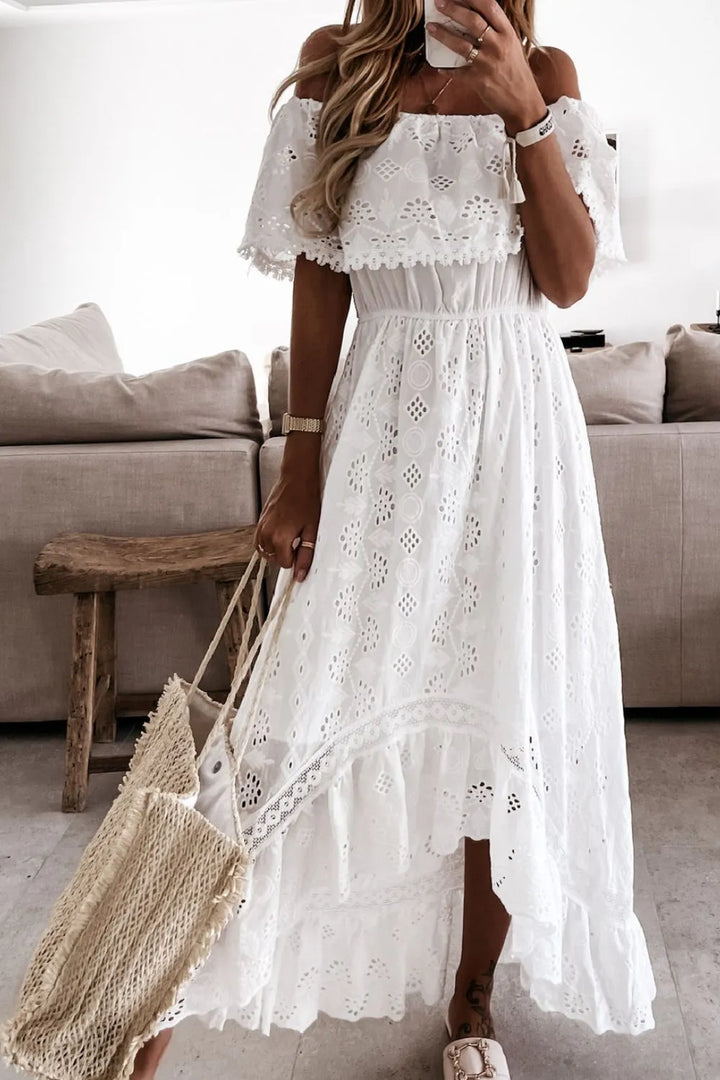 Women's White Maxi Dress - Off Shoulder Eyelet Ruffle Hem
