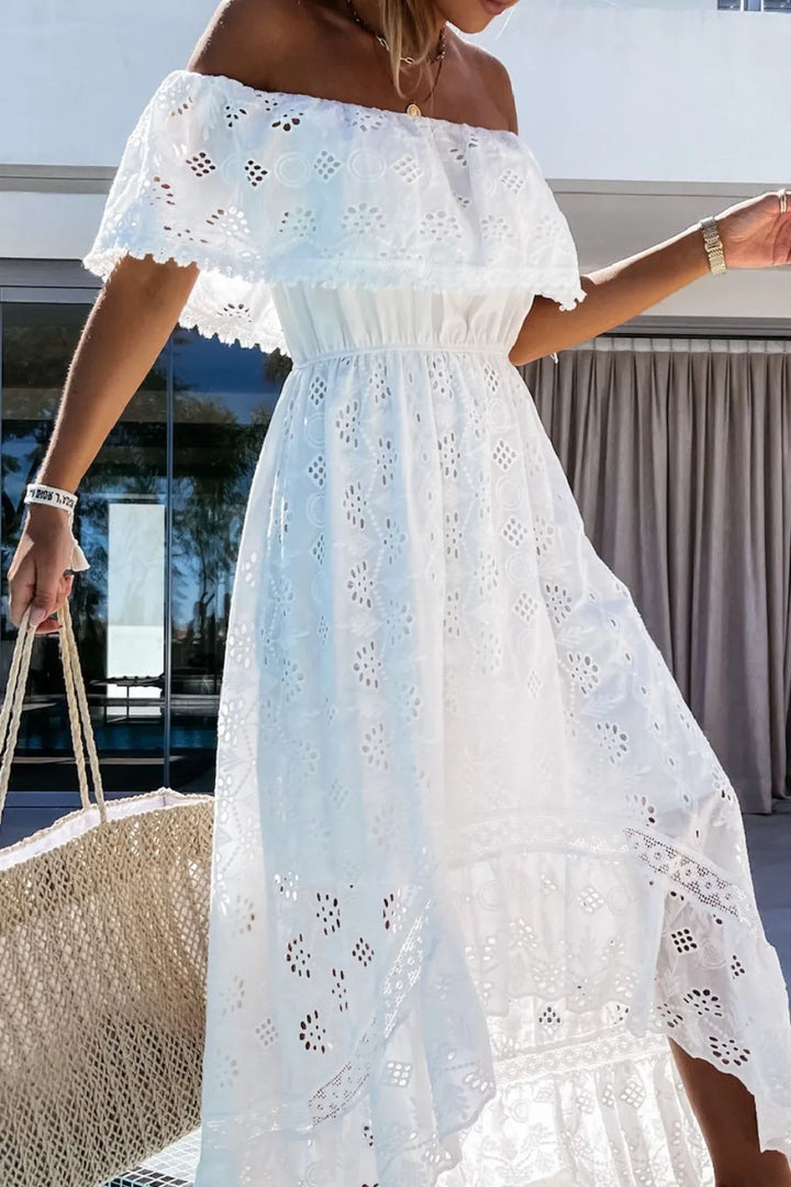 Women's White Maxi Dress - Off Shoulder Eyelet Ruffle Hem