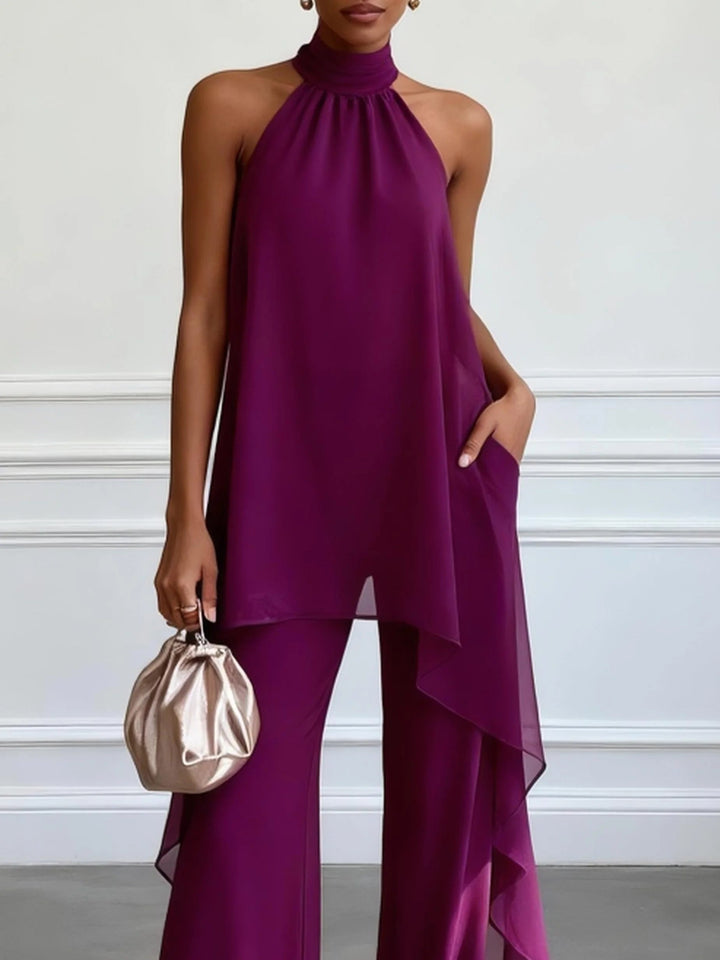 Elegant Purple Halter Neck Sleeveless Top and Pants Two-Piece Set
