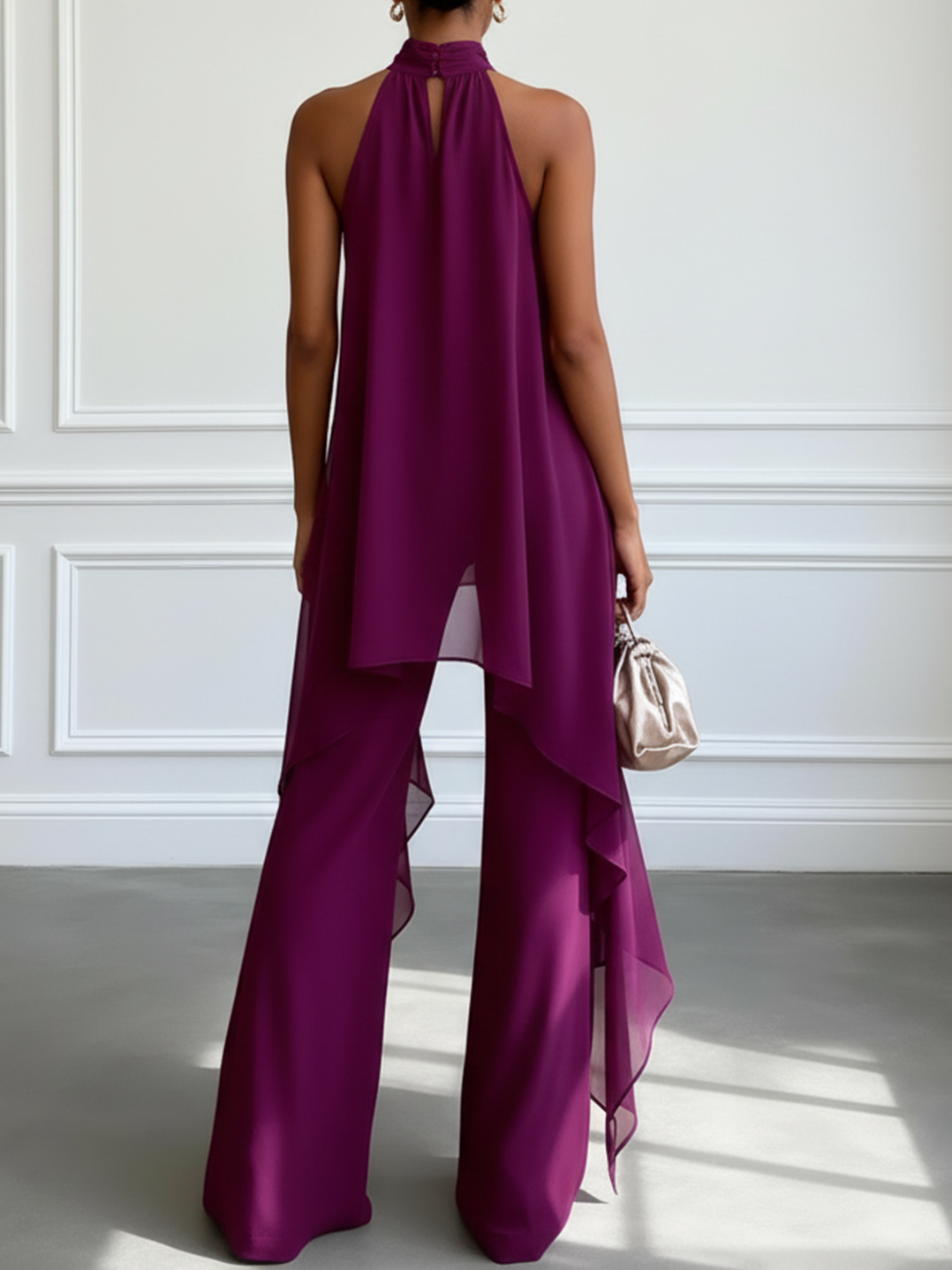 Elegant Purple Halter Neck Sleeveless Top and Pants Two-Piece Set