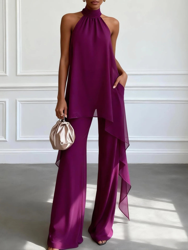 Elegant Purple Halter Neck Sleeveless Top and Pants Two-Piece Set