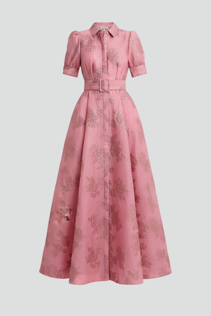 Women’s Pink Short Sleeve Maxi Dress with Collar Button Front and Belted Waist
