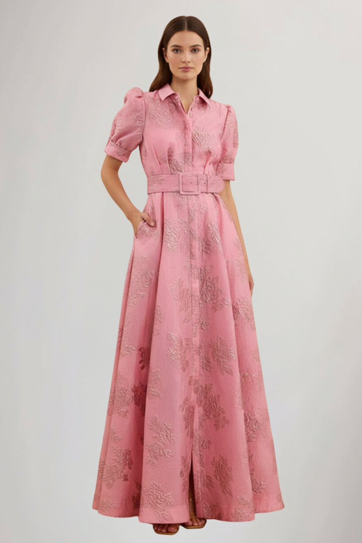 Women’s Pink Short Sleeve Maxi Dress with Collar Button Front and Belted Waist