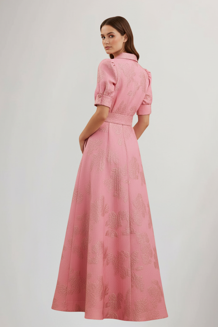 Women’s Pink Short Sleeve Maxi Dress with Collar Button Front and Belted Waist