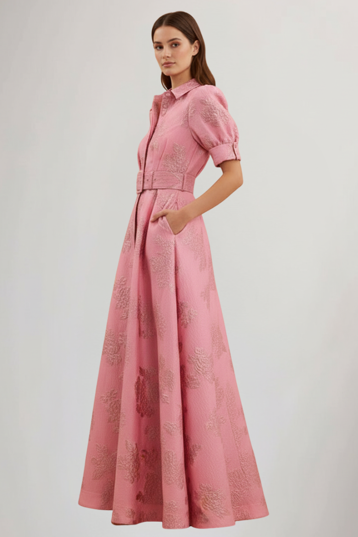 Women’s Pink Short Sleeve Maxi Dress with Collar Button Front and Belted Waist