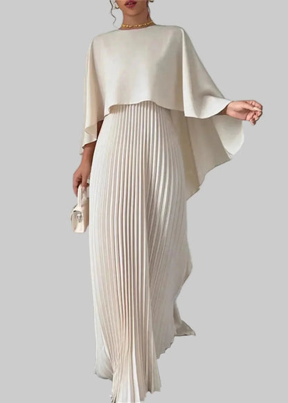 Women's Maxi Dress - Crew Neck - Cape Sleeve - Pleated Skirt