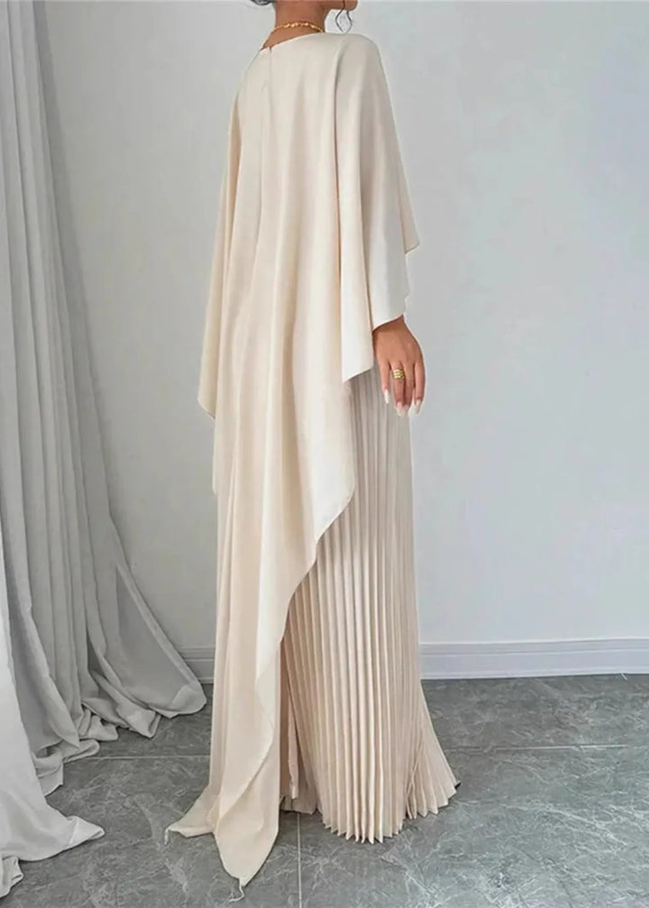Women's Maxi Dress - Crew Neck - Cape Sleeve - Pleated Skirt