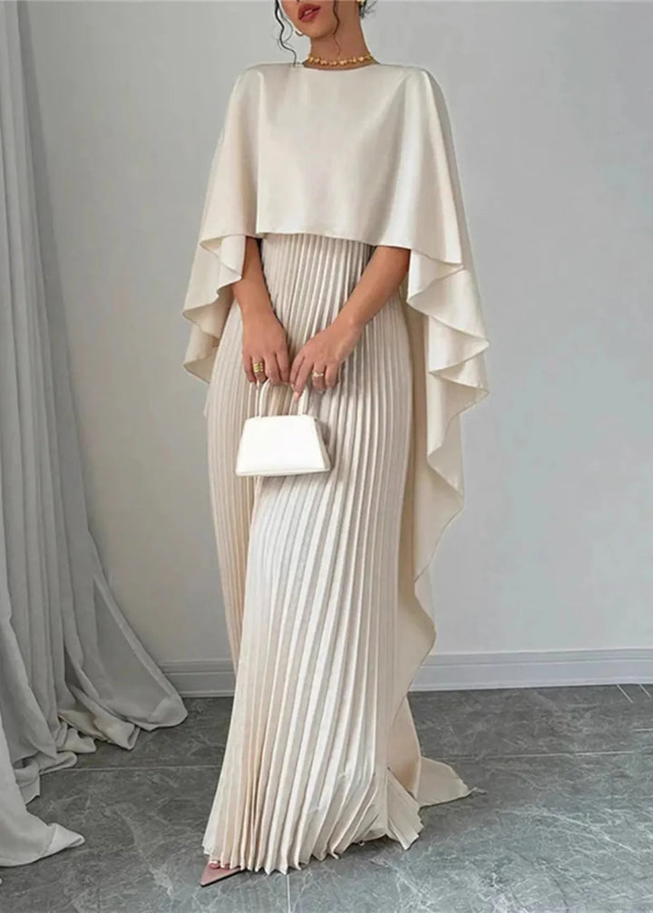 Women's Maxi Dress - Crew Neck - Cape Sleeve - Pleated Skirt