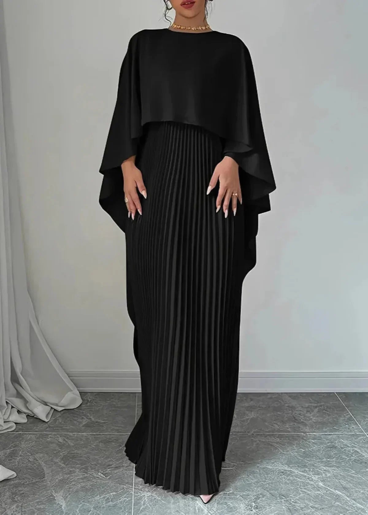 Women's Maxi Dress - Crew Neck - Cape Sleeve - Pleated Skirt