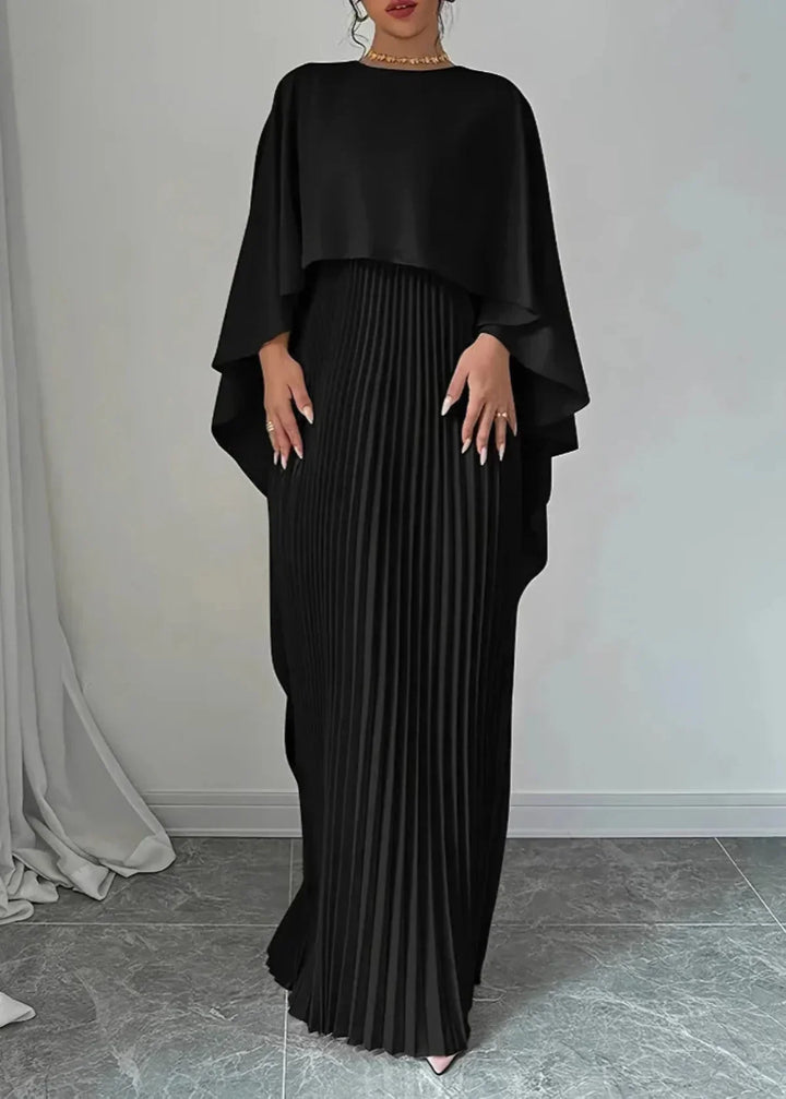 Women's Maxi Dress - Crew Neck - Cape Sleeve - Pleated Skirt