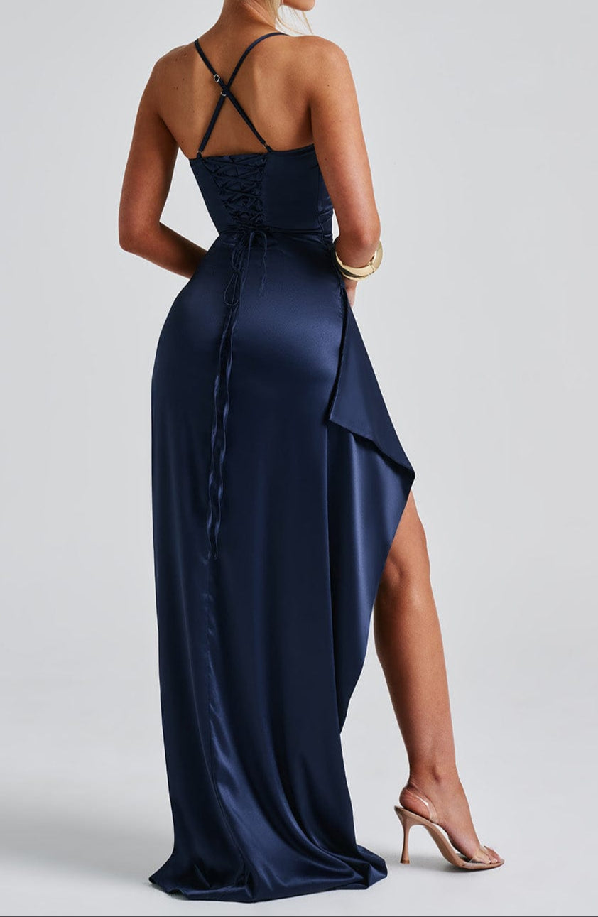 Women's Satin Maxi Dress - V-Neck Ruched Split Hem Formal