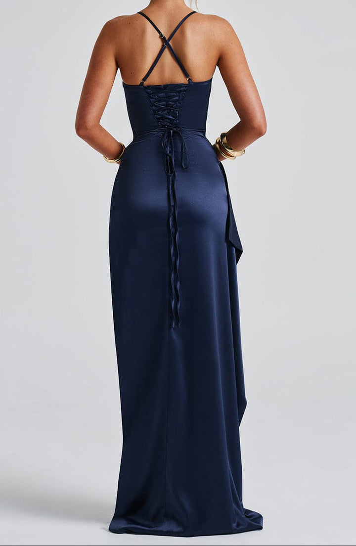 Women's Satin Maxi Dress - V-Neck Ruched Split Hem Formal