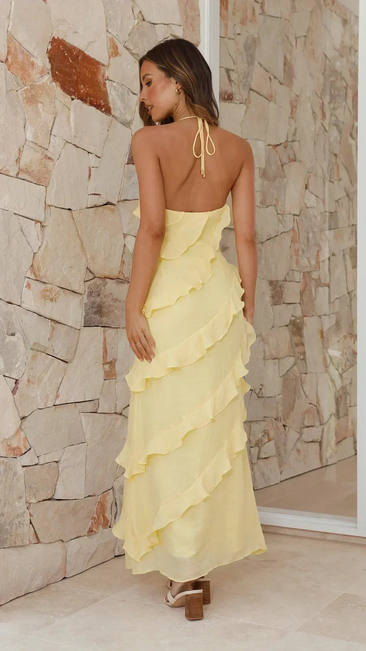 Women's Maxi Dress - Halter Neck Tiered Ruffle Detail