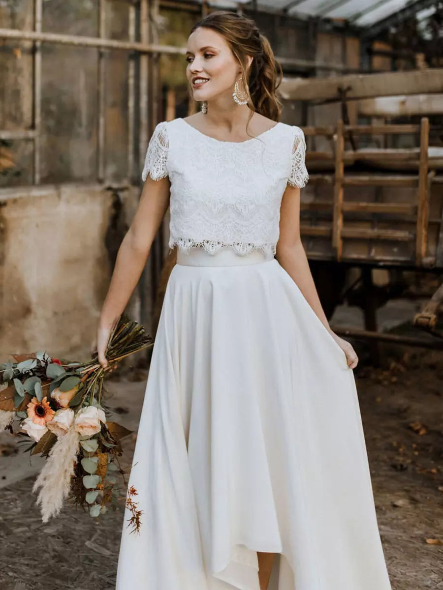 Women's Two Piece Set - Lace Crop Top and High-Low Maxi Skirt
