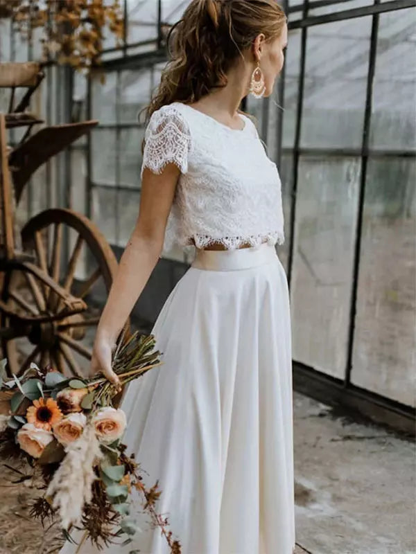 Women's Two Piece Set - Lace Crop Top and High-Low Maxi Skirt