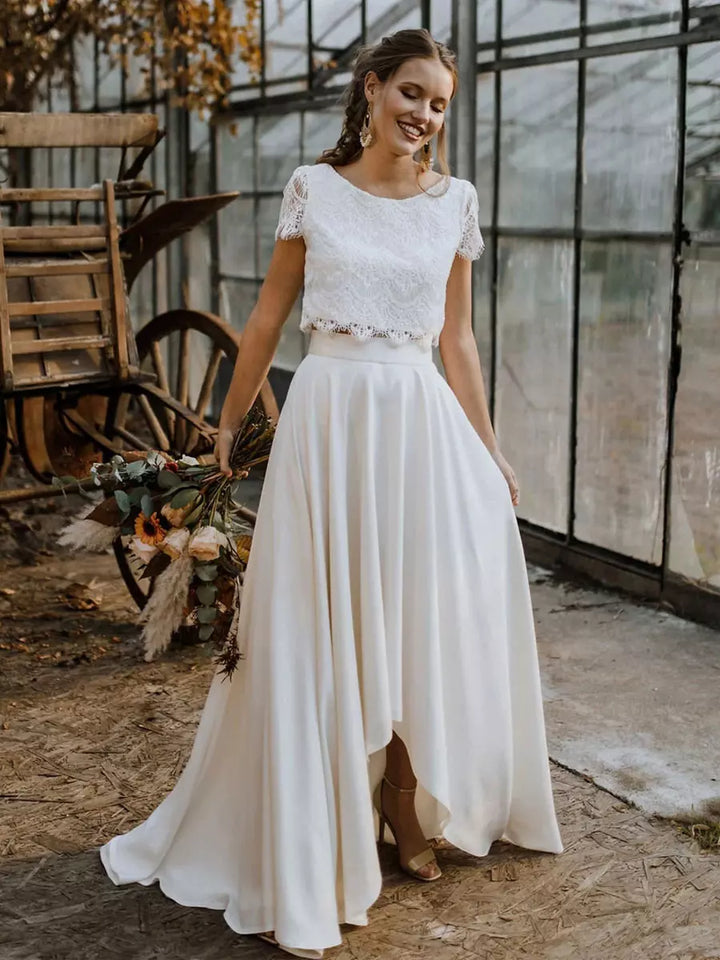 Women's Two Piece Set - Lace Crop Top and High-Low Maxi Skirt