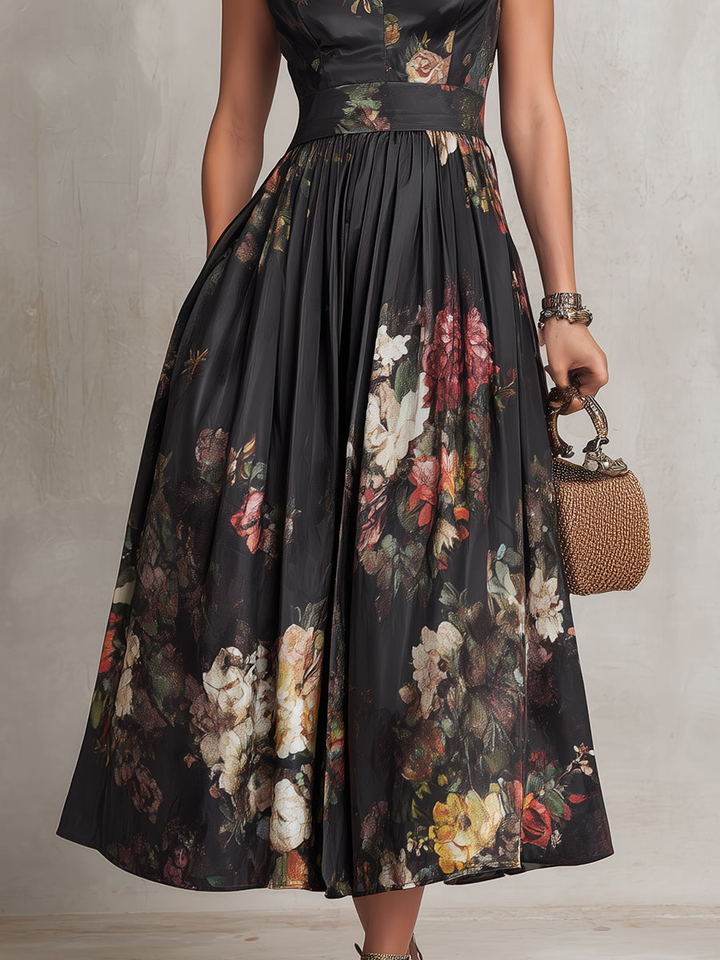 Floral Pleated Satin Midi Dress with Black Keyhole Collar